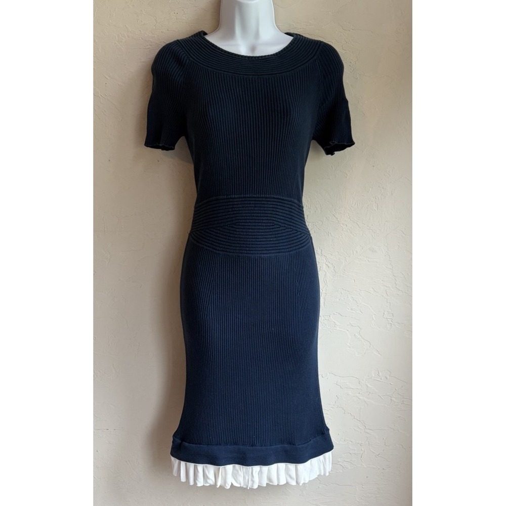 Y2K Archival Fendi Navy Blue Ribbed Knit Sweater Dress IT 46 US L White Ruffle